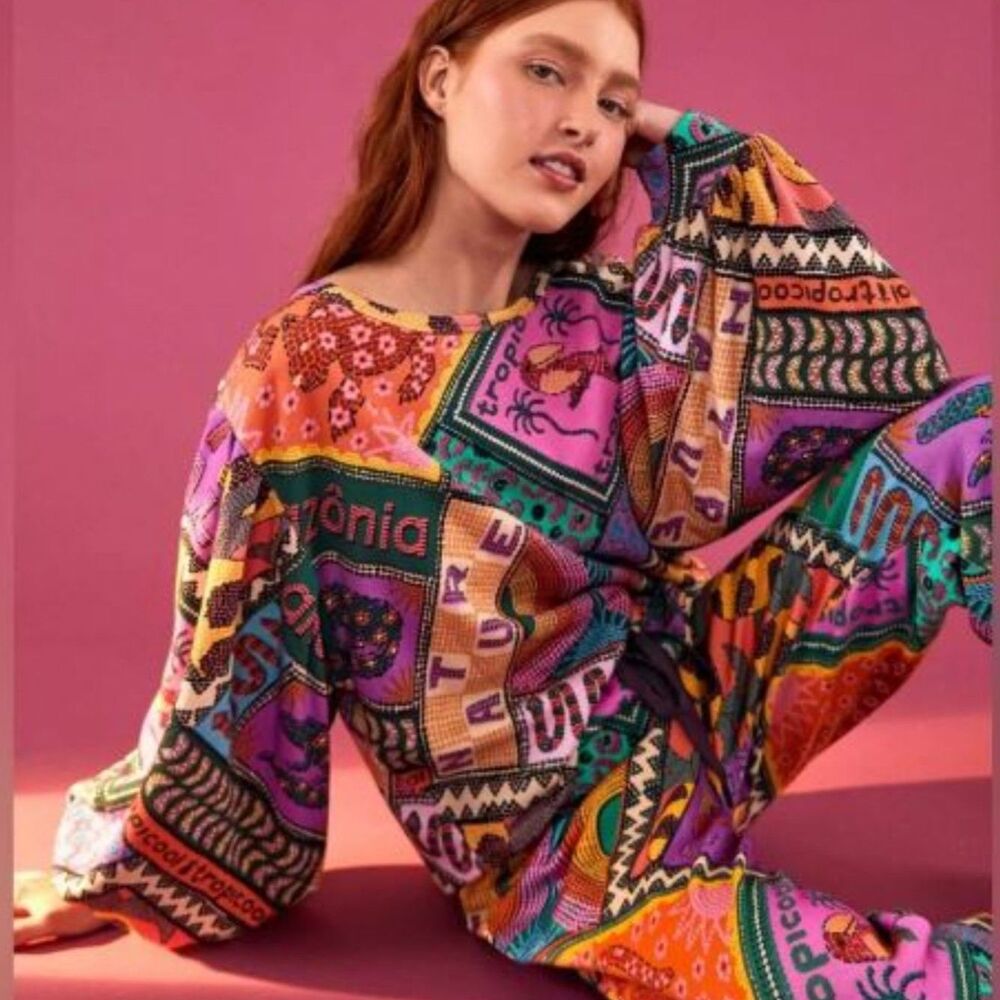 Farm Rio Dotted Scarf Patch Tropical Mix Sweatshirt Oversized Boho Size XL